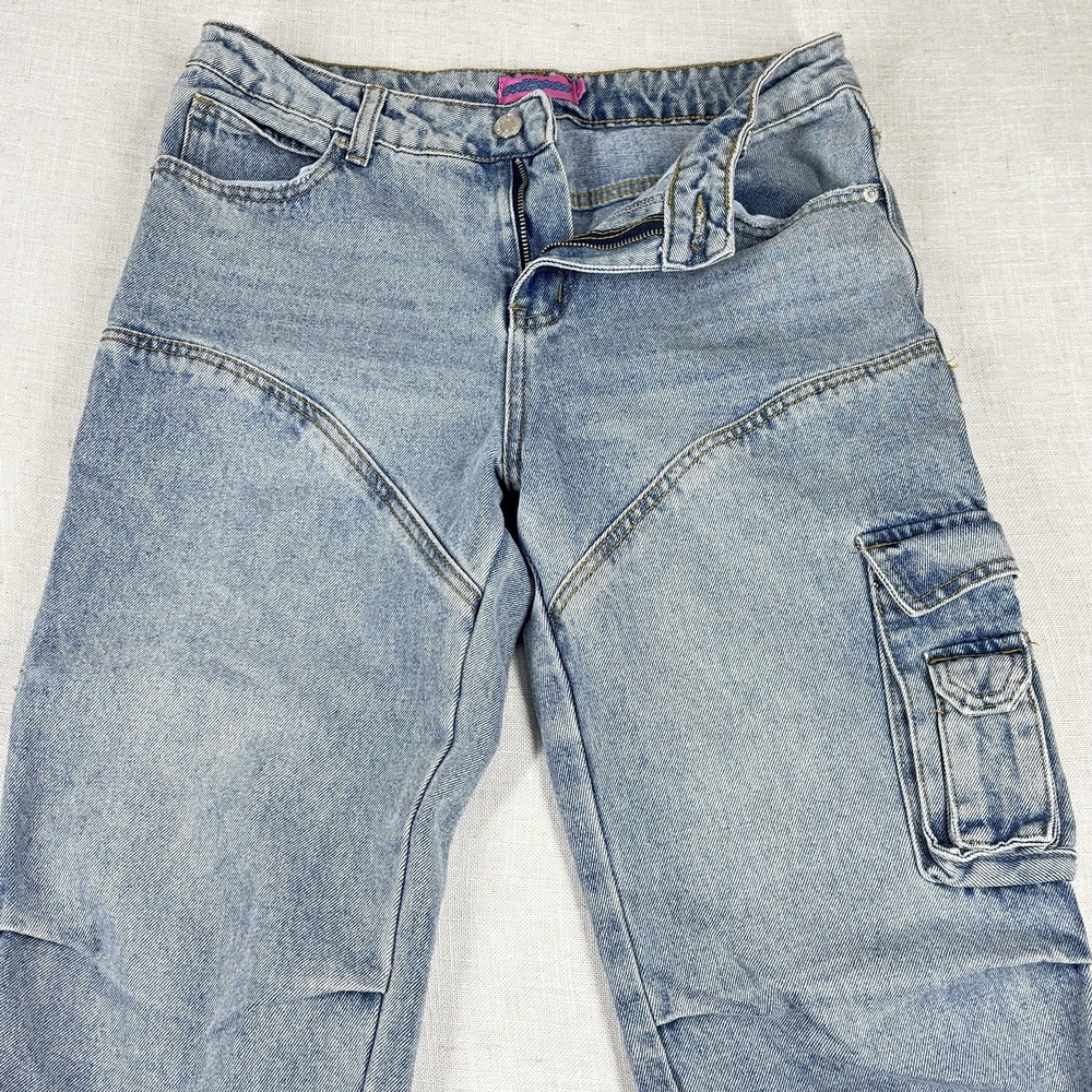 Edikted Jeans Womens 32 Blue Baggy Cargo Denim Carpenter Y2K Utility Pockets‎